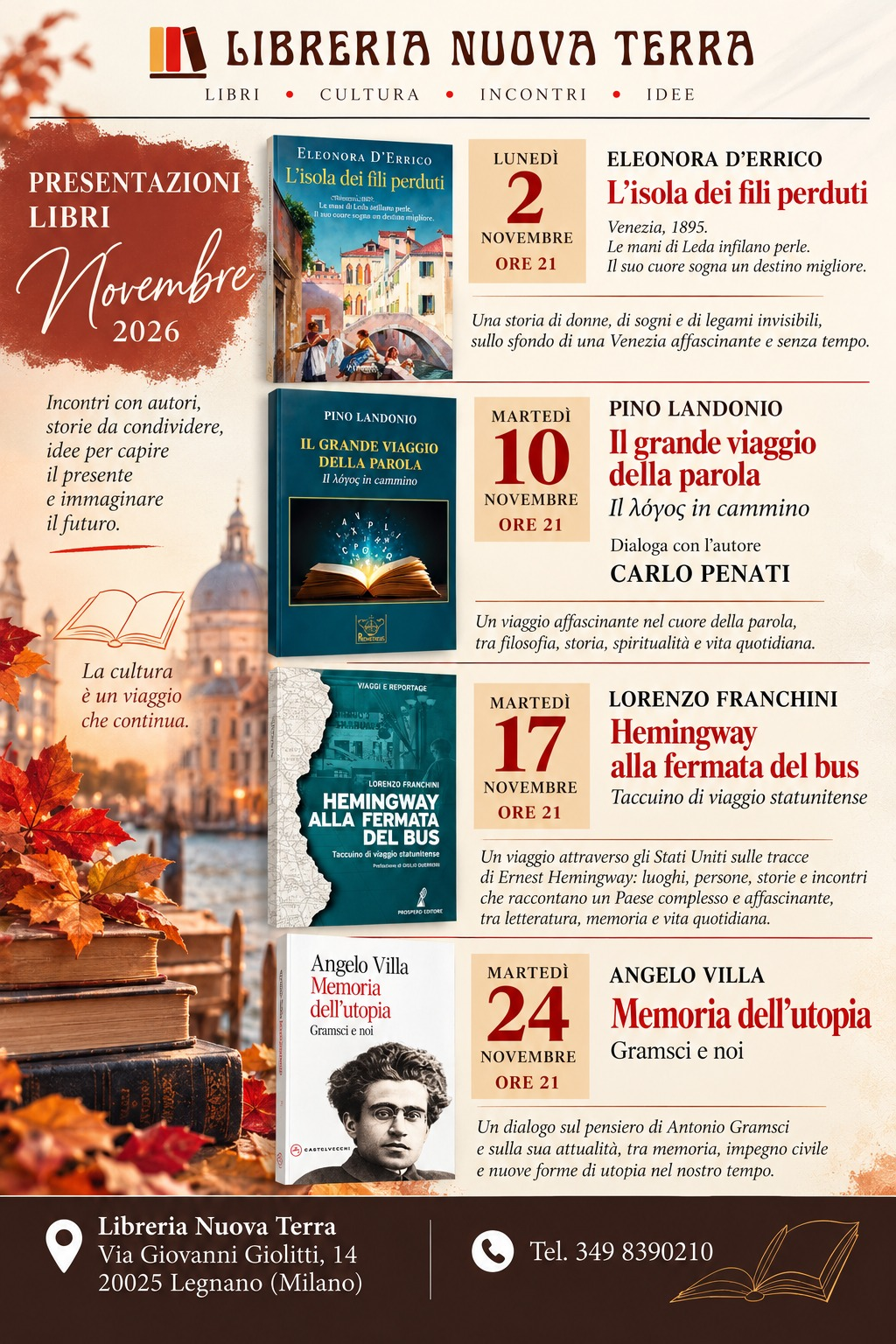 Legnano, alla Libreria Nuova Terra quattro incontri d’autore tra narrativa, filosofia e memoria